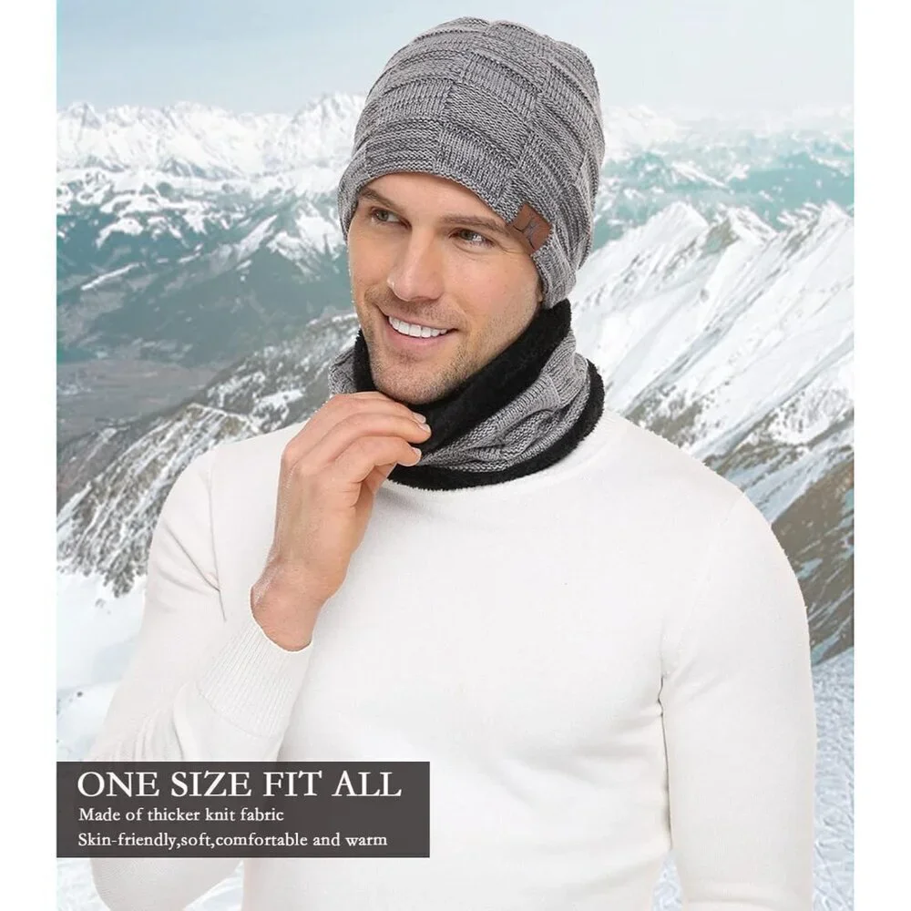 Men's Grey Winter Warm Knit Skull Cap Neck Warmer Fleece Lined Hats Scarf Set